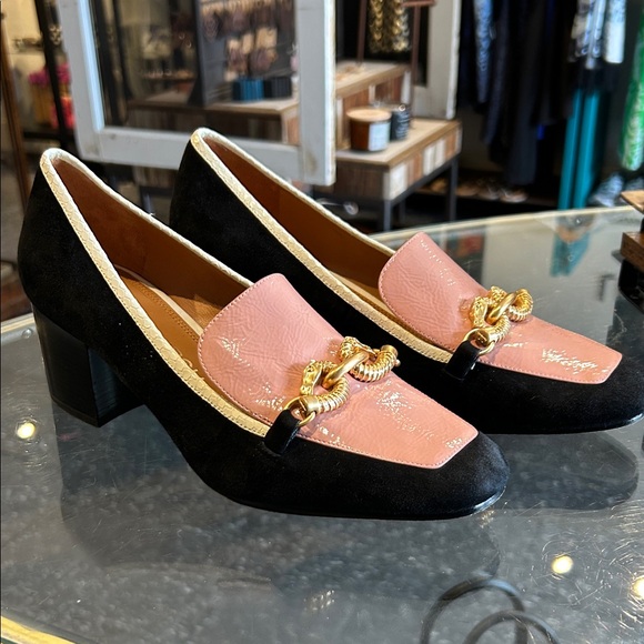 Tory Burch Pink Patent Leather and Black Suede Loafers w/ Gold Horsehead Accents